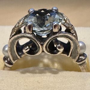 Ann King Sterling Silver 18K Gold Butterfly Ring w Blue Topaz & Pearl Accent